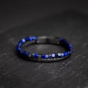 Preview: Doppeltes Armband mit schwarzem italienischem Leder und blauem Tigerauge-Stein - Double Night